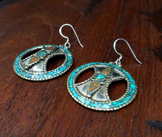 Tibetan Turquoise Shield Earrings - image 2