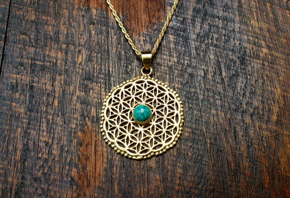 Gold Turquoise Flower of Life Sacred Geometry Pen… - image 1