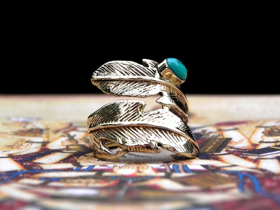 Turquoise Gold Feather Ring Bohemian Gypsy Jewelry - image 2