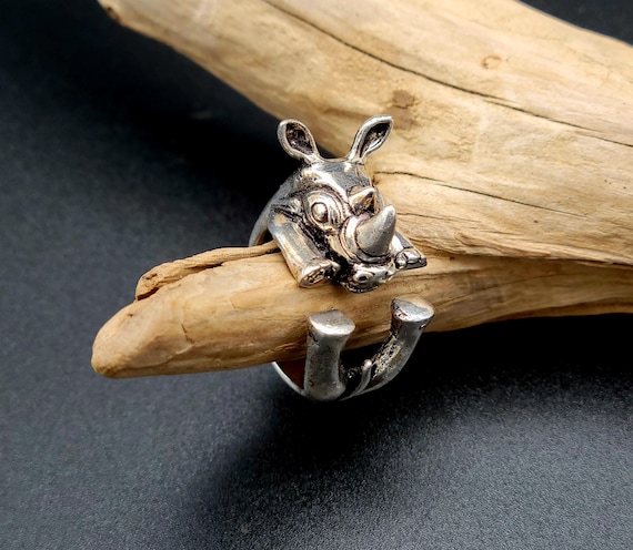 Silver Rhino Ring Adjustable Statement Jewelry - image 1