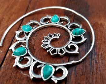 Silver Mandala Turquoise Boho Sun Earrings