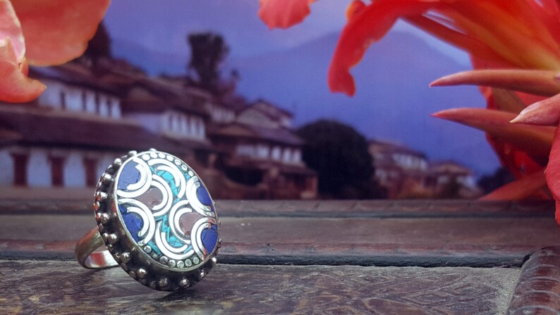 Himalayan Mosaic Ring Adjustable with Turquoise and Coral