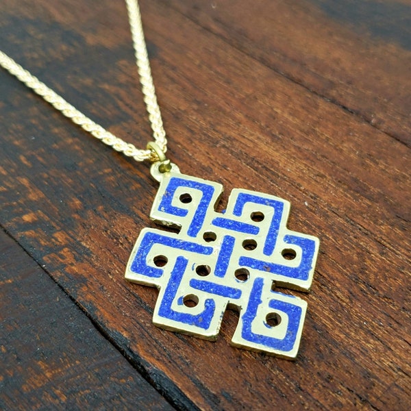 Blue Lapis Gold Endless Knot Tibetan Buddhist Brass Pendant