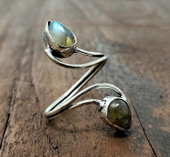 Silver Labradorite Vortex Ring Adjustable Tribal … - image 1