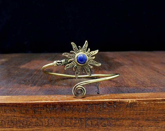 Blue Lapis Sun Adjustable Gold Bangle Bracelet - … - image 1