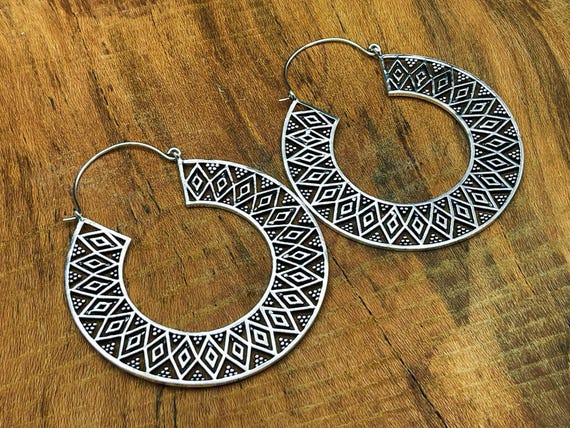 Silver Geometric Diamond Hoops • Patterned Statem… - image 1