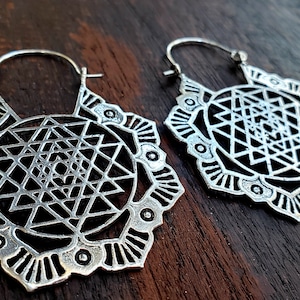 Geometric Shri Yantra Silver Earrings