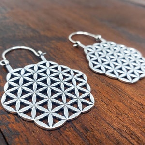 Silver Flower of Life Sacred Geometry Hoop Earrings