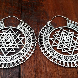 Large Silver Sacred Geometry Shri Yantra Earrings