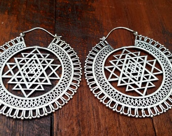 Large Silver Sacred Geometry Shri Yantra Earrings