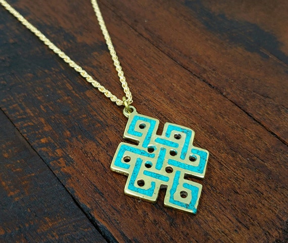 Turquoise Gold Endless Knot Tibetan Buddhist Brass Pendant