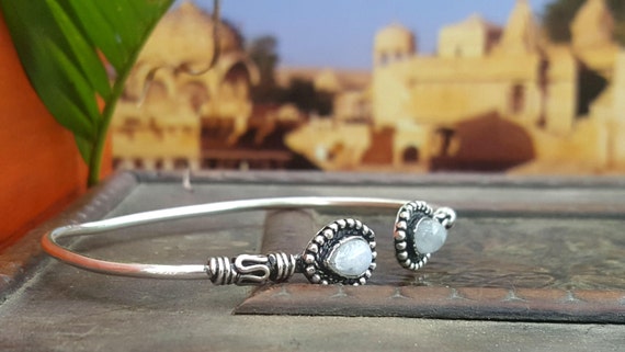 Simple Silver Moonstone Bangle Bracelet Tribal Ge… - image 2