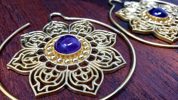 Gold Amethyst Threader Gauge Lotus Earrings - image 1