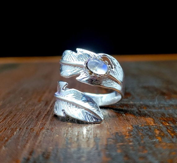 Moonstone Silver Feather Adjustable Ring Bohemian… - image 2