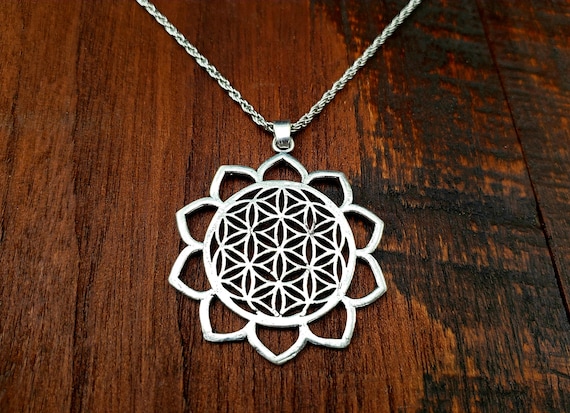 Silver Lotus Flower of Life Sacred Geometry Penda… - image 1