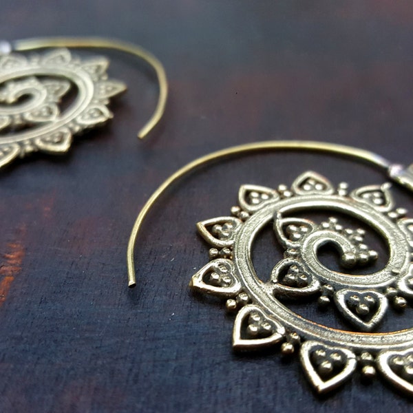 Boho Mandala Gold Earrings, Tribal Ethnic Bohemian Earrings, Jewelry gift for women, Charm Spiral Hoop Lotus Festival Earring for her