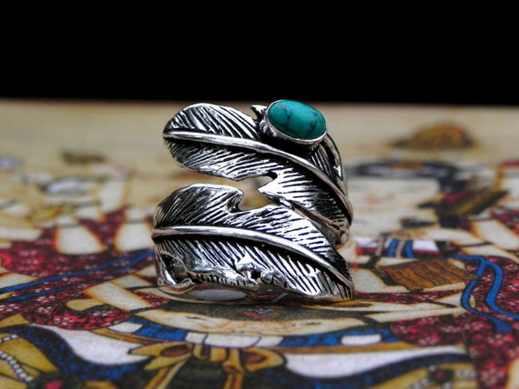 Turquoise Silver Feather Ring Bohemian Gypsy Jewelry
