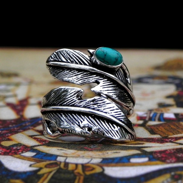 Turquoise Silver Feather Ring Bohemian Gypsy Jewelry