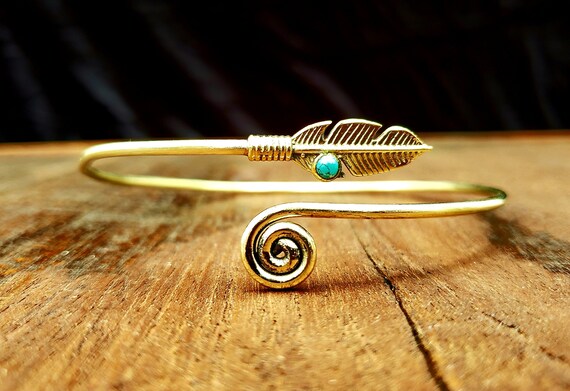 Gold Feather Turquoise Arm Cuff Upper Arm Band