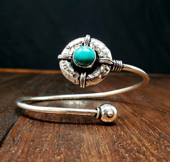 Silver Turquoise Shield Adjustable Bangle Bracelet - image 1