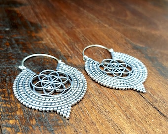 Silver Flower of Life Earrings: Sacred Geometry Hoop Earrings