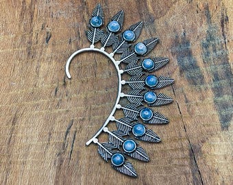 Brinco de pressão tribal com pena e pedra da lua prateada