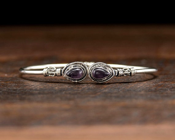 Simple Silver Amethyst Adjustable Bracelet Tribal… - image 1