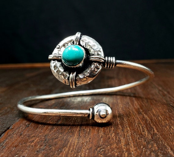 Silver Turquoise Shield Adjustable Bangle Bracelet - image 2
