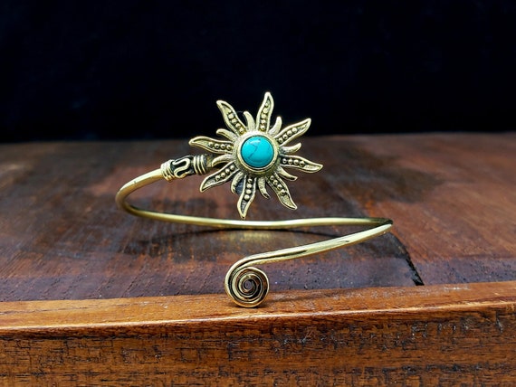 Gold Turquoise Sunburst Adjustable Bracelet Triba… - image 1