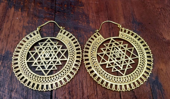 Large Gold Sacred Geometry Shri Yantra Earrings - image 1