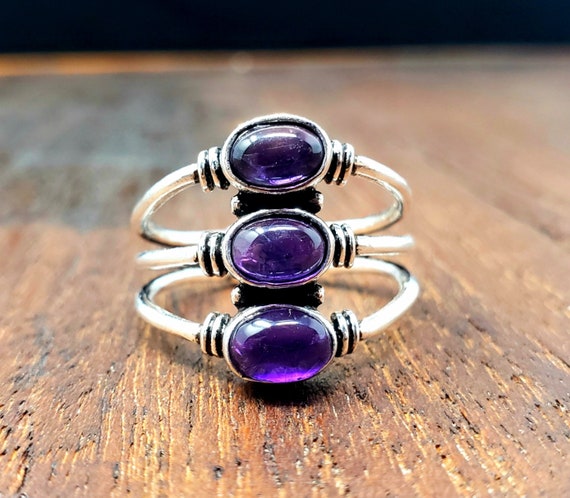 Silver Amethyst Trinity Ring  Bohemian Gypsy Jewe… - image 2