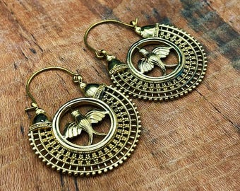 Brass Swallow Hoop Earrings • Symbolic Bird Hoops • Artisan Festival Jewelry