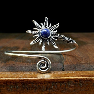 Blue Lapis Sun Adjustable Silver Bangle Bracelet - Tribal Gemstone Festival Boho Jewelry