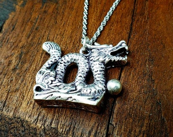 mythological Chinese Dragon Silver Pendant Necklace