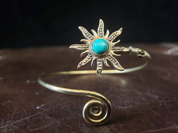 Gold Turquoise Sunburst Adjustable Bracelet Triba… - image 2