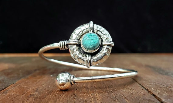 Silver Turquoise Shield Adjustable Bangle Bracelet - image 3