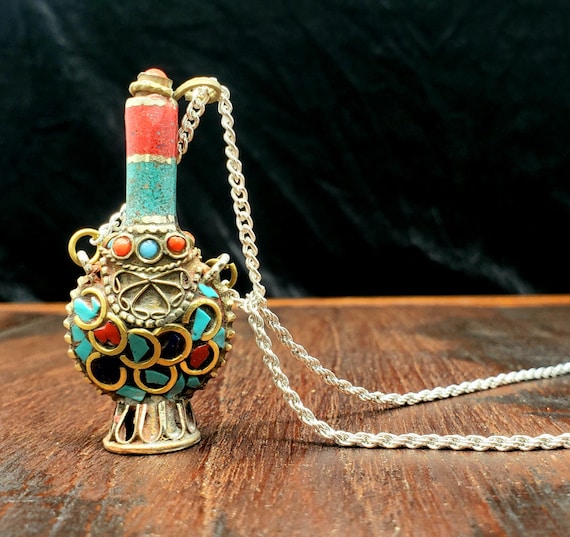 Gemstone Inlaid Tibetan Perfume Bottle Pendant Necklace 