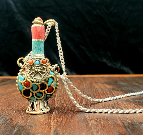 Gemstone Inlaid Tibetan Perfume Bottle Pendant Necklace Etsy Canada