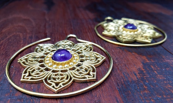 Gold Amethyst Threader Gauge Lotus Earrings - image 2