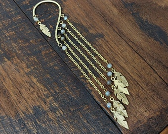 Gold Chain Ear Cuff with Labradorite Beads and Feather Charms
