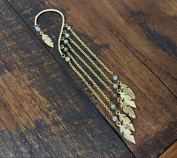 Gold Chain Ear Cuff with Labradorite Beads and Fe… - image 1
