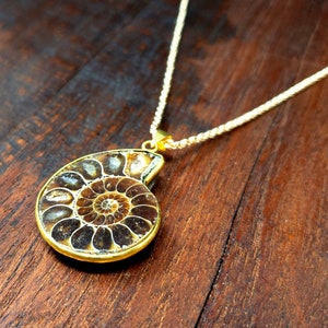 Halsband med hänge i guld med ammonitfossil, helig geometri