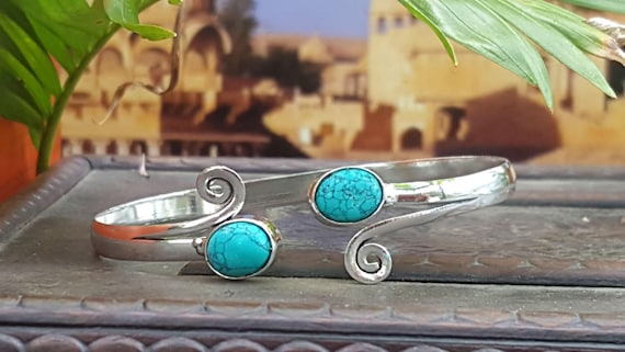 Turquoise Silver Wind Bangle Bracelet Tribal Gyps… - image 1
