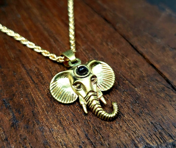 Simple Black Onyx Gold Lucky Elephant Necklace - image 1