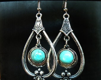 Ethnic Tibetan Turquoise Earrings Unusual Dangle Gemstone Jewelry