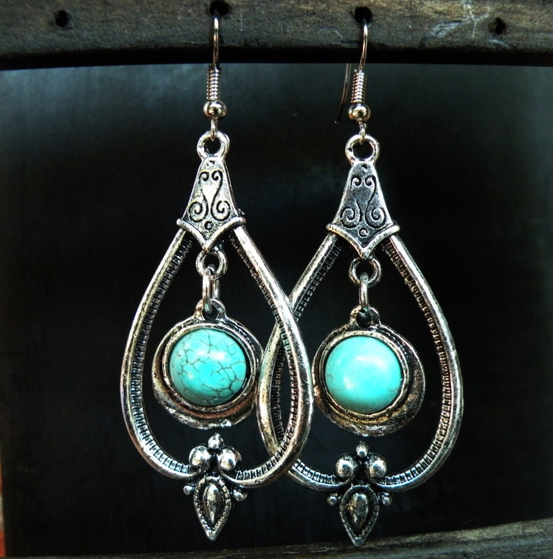 Ethnic Tibetan Turquoise Earrings Unusual Dangle Gemstone Jewelry 