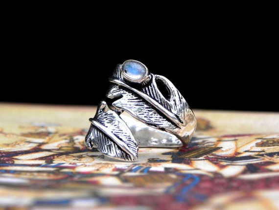 Moonstone Silver Feather Ring Bohemian Gemstone B… - image 1