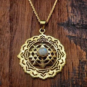Gold Moonstone Sri Yantra Silver Pendant Necklace