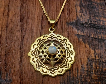 Gold Moonstone Sri Yantra Silver Pendant Necklace