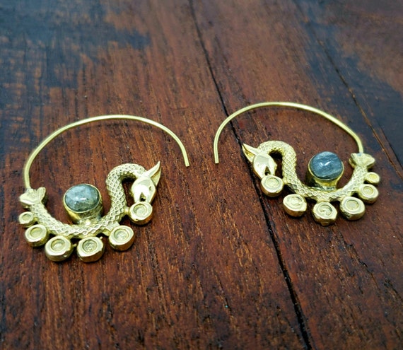 Gold Labradorite Dancing Dragon Threader Earrings - image 2